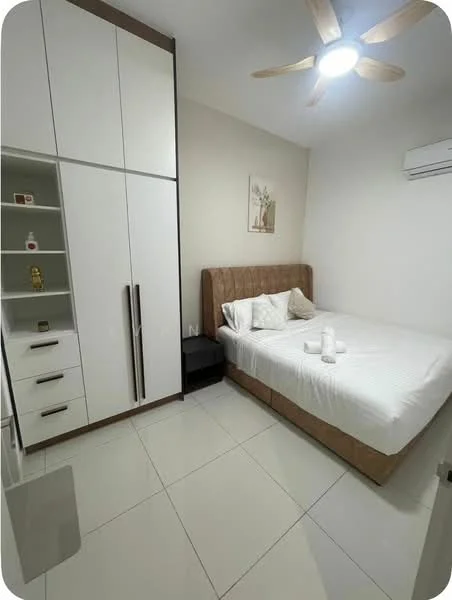 Bedroom features: queen-size bed with upholstered headboard, white bedding, nightstand, built-in wardrobe with sliding doors, white walls, light-colored floor tiles, ceiling fan with light, wall-mounted air conditioning unit, decorative wall art; style: modern.