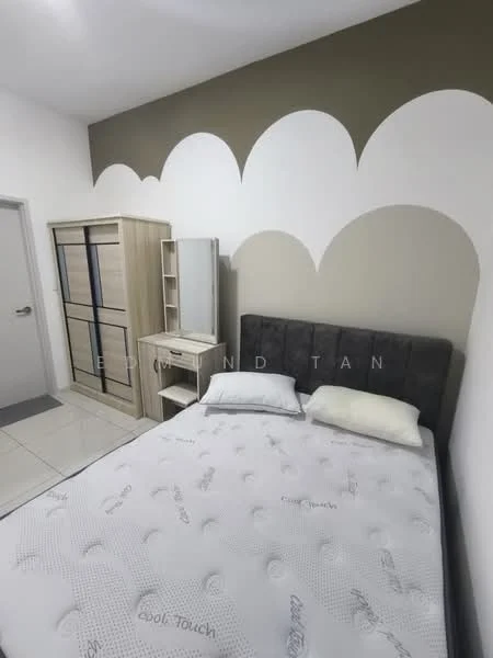 Bedroom features: queen-size bed with upholstered headboard, two white pillows, cream-colored bedding, wooden wardrobe with glass doors, mirror on dressing table, painted accent wall in olive green, white painted walls, tile flooring; style: modern.