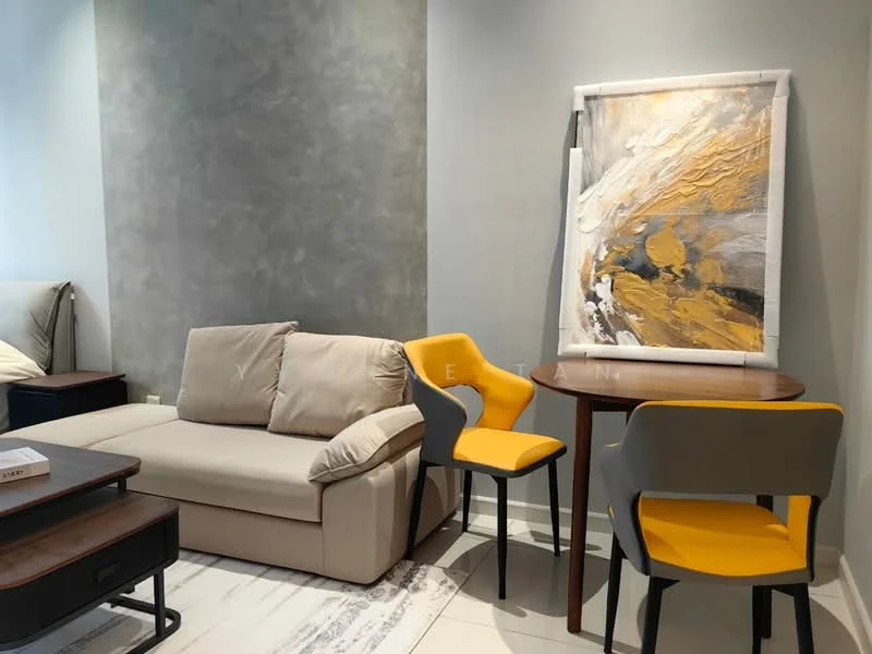 Living features: beige fabric sofa, grey accent wall, wooden coffee table, yellow upholstered dining chairs, round dining table, abstract artwork on wall, white marble flooring, decorative wall art; style: modern.