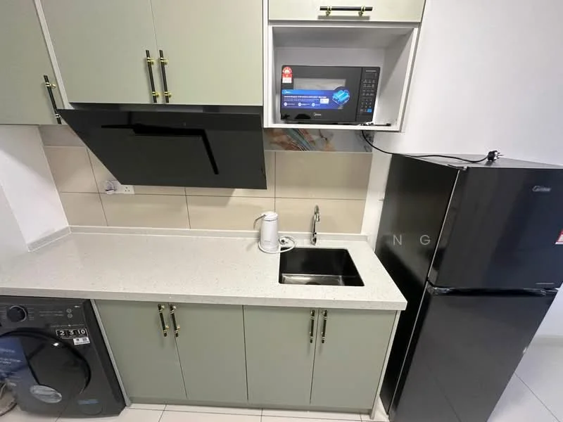 Kitchen features: green cabinetry, white quartz countertop, single-bowl stainless-steel sink, chrome pull-down faucet, built-in microwave, black range hood, stainless-steel fridge, front-load washing machine, ceramic tile flooring, white tiled backsplash; style: modern.