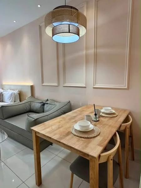Dining features: wood dining table, 4 wooden dining chairs, decorative placemats, white ceramic plates, white ceramic cups, pendant light fixture, light pink painted walls, recessed lighting, glossy tile flooring, sofa in grey fabric, decorative wall paneling; style: modern.
