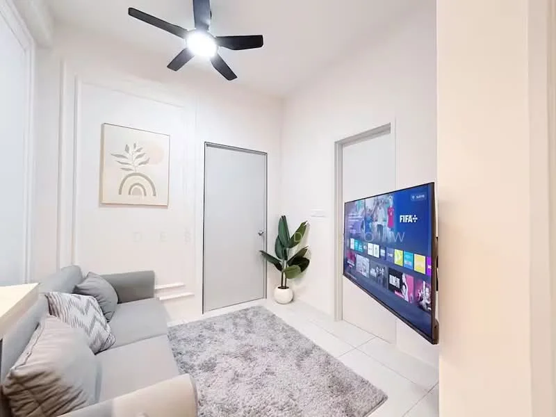 Living features: 3-seater fabric sofa in grey, area rug with geometric pattern, wall-mounted TV, ceiling fan with light, white painted walls, light grey tile flooring, decorative wall art, potted plant, sliding door, built-in shelving unit; style: modern.