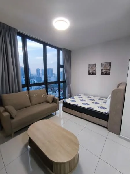Living features: floor-to-ceiling windows, grey curtains, 2-seater fabric sofa in beige, wooden coffee table, queen-size bed, decorative wall art, white painted walls, tile flooring, ceiling light fixture; style: modern; view: city.