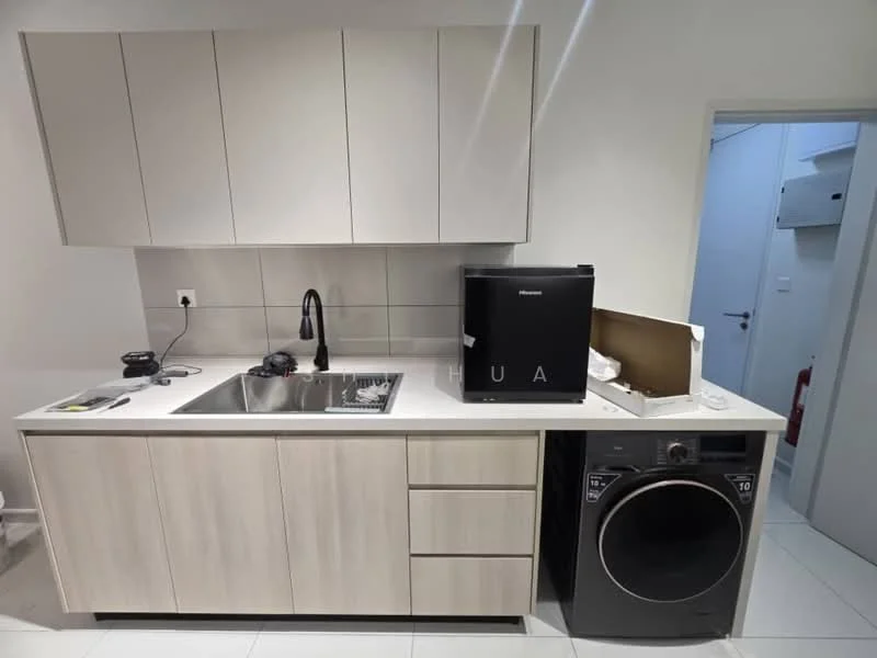 Kitchen features: light wood cabinetry, white countertop, single-bowl stainless-steel sink, chrome pull-down faucet, built-in washing machine, black mini fridge, tile backsplash, white walls, white tile flooring, recessed downlights; style: modern.