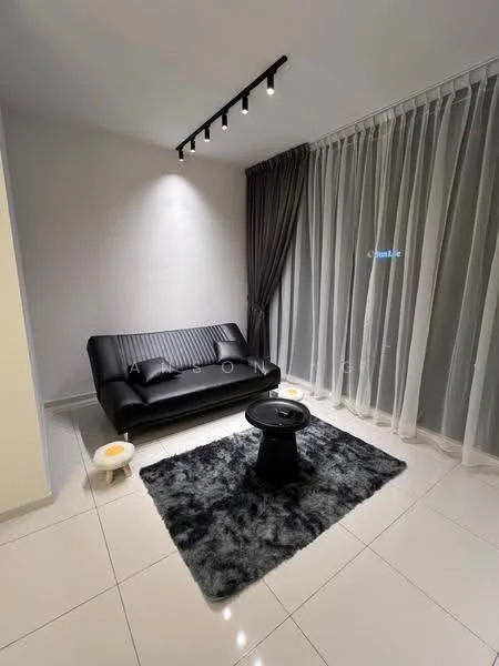 Living features: black leather sofa, round coffee table, area rug with geometric pattern, white sheer curtains, dark grey curtain, recessed LED downlights, glossy white tile flooring, wall with no visible decor; style: modern.