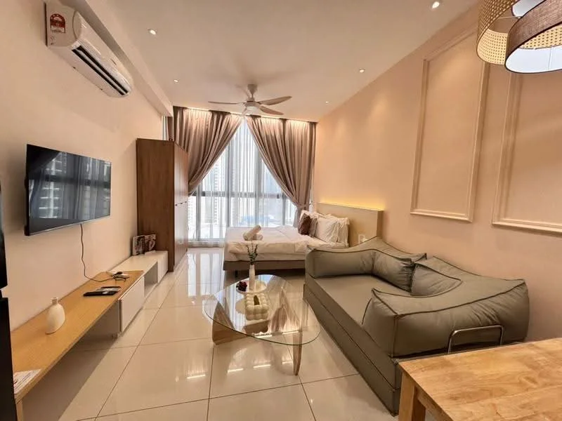 Living features: wall-mounted TV, light wood TV console, glass coffee table, 3-seater fabric sofa in grey, ceiling fan with light, air conditioning unit, floor-to-ceiling windows, curtains, decorative wall paneling, marble tile flooring, recessed lighting; style: modern; view: city.