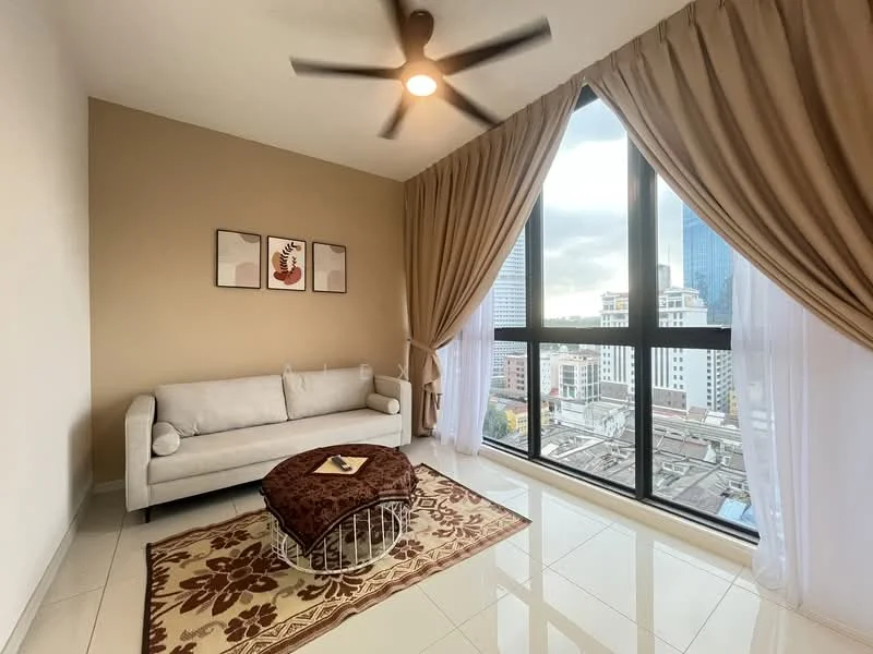 Living features: 3-seater fabric sofa in light grey, round coffee table with decorative items, area rug with floral pattern, floor-to-ceiling windows, sheer curtains, blackout curtains, ceiling fan with light, white painted walls, glossy tile flooring; style: modern; view: city.