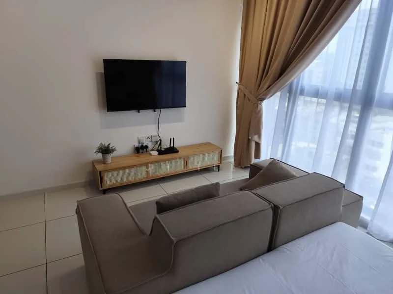 Living features: beige fabric sofa, wall-mounted TV, wooden TV console with storage, floor-to-ceiling windows, sheer curtains, cream painted walls, tile flooring, decorative plant on console; style: modern; view: city.