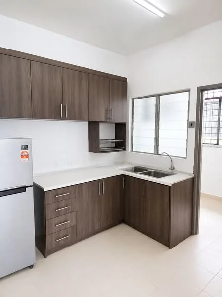 Kitchen features: brown wooden cabinetry, white quartz countertop, single-bowl stainless-steel sink, chrome pull-down faucet, built-in oven, stainless-steel fridge, tile backsplash, window with grid pattern, light-colored tile flooring, fluorescent ceiling lights; style: modern.