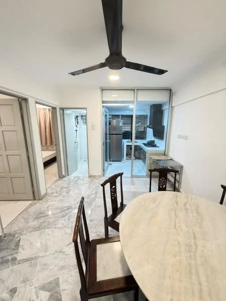 Dining features: round dining table, wooden dining chairs, marble flooring, 5-blade ceiling fan, white painted walls, sliding glass door, natural light from windows; style: modern. Kitchen features: kitchen cabinetry, stainless-steel sink, gas hob, exhaust hood, white backsplash, countertop, refrigerator, open layout to dining area; style: modern. Bedroom features: queen-size bed, built-in wardrobe, curtains, carpet flooring, white painted walls; style: modern.