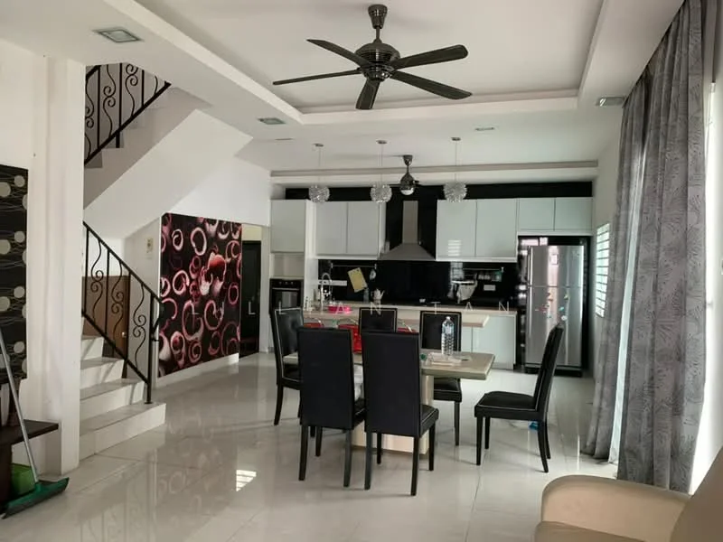 Living features: white painted walls, polished marble flooring, 5-blade ceiling fan with light, dining table with 6 black upholstered chairs, black kitchen cabinetry, stainless-steel appliances, open-plan layout, large windows with sheer curtains, decorative wall with circular patterns, staircase with wrought iron railing; style: modern.