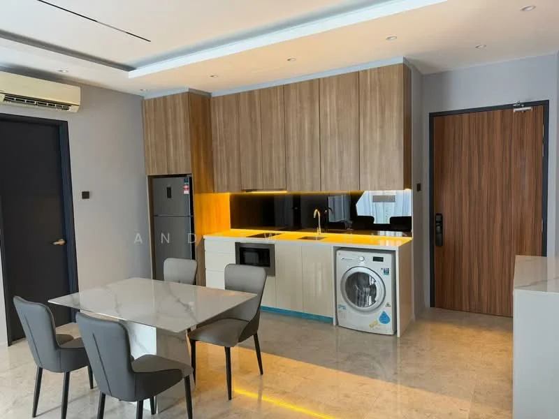 Kitchen features: light wood cabinetry, white countertop, built-in oven, stainless-steel fridge, single-bowl stainless-steel sink, chrome pull-down faucet, washing machine, 4-burner gas hob, recessed downlights, grey tile backsplash, marble tile flooring, dining table with 6 chairs, floor-to-ceiling windows, air conditioning unit; style: modern.