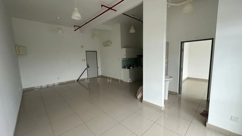 Room features: white painted walls, tile flooring, recessed downlights, air conditioning unit, open layout, kitchen area visible, doorway leading to another room, large windows, high ceiling, plumbing fixtures visible; style: modern.