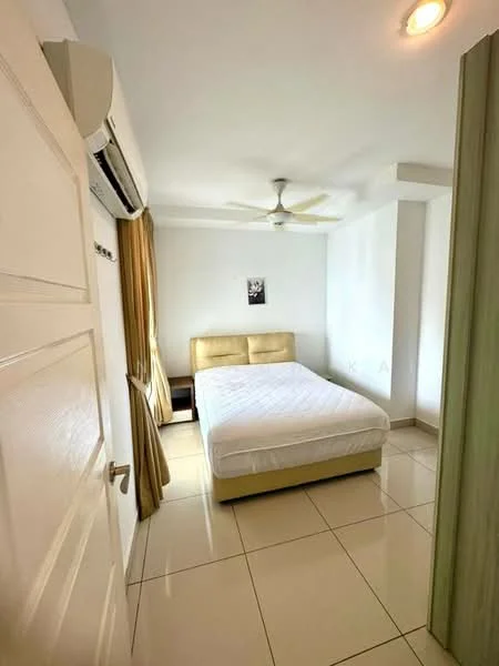 Bedroom features: queen-size bed, upholstered headboard, 2 bedside tables, ceiling fan, wall-mounted air conditioning unit, floor-to-ceiling window, curtains, white painted walls, tile flooring, decorative wall art; style: modern.