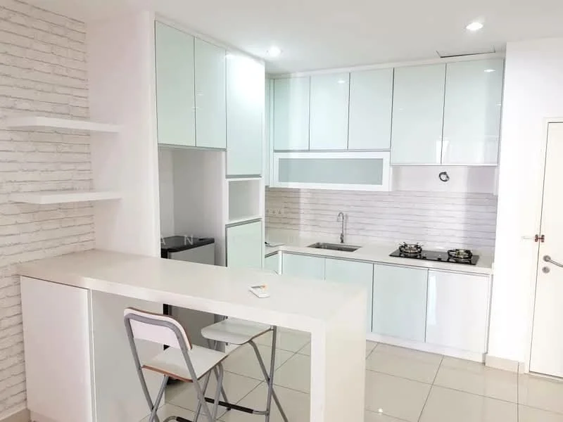 Kitchen features: white cabinetry with glossy finish, white quartz countertop, stainless-steel sink, chrome pull-down faucet, built-in gas hob, built-in oven, white tiled backsplash, refrigerator, open shelving, bar seating with two stools, cream-colored floor tiles, recessed downlights, exposed brick accent wall; style: modern.