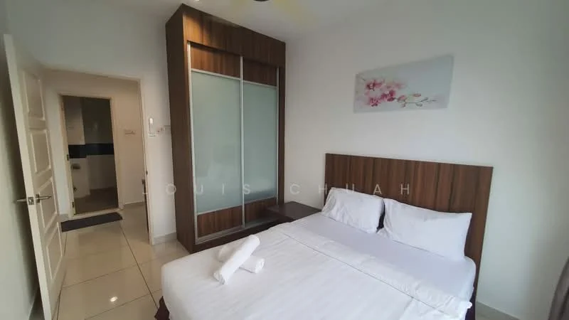 Bedroom features: queen-size bed with white bedding, wood headboard, built-in wardrobe with sliding doors, white painted walls, tile flooring, ceiling fan, decorative wall art, window with natural light; style: modern.