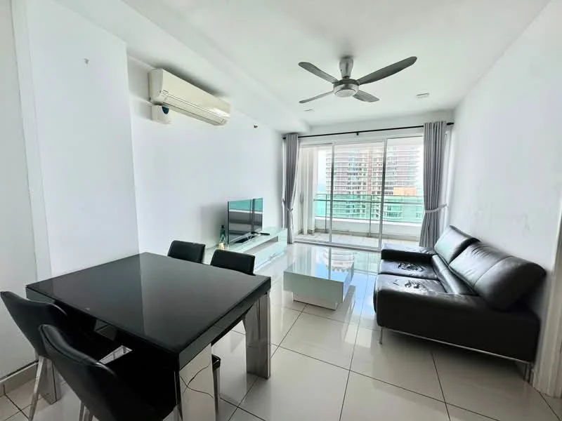 Living features: 3-seater leather sofa, coffee table, TV console, wall-mounted TV, dining table with 4 black chairs, floor-to-ceiling windows, sliding glass door, white painted walls, ceiling fan, marble tile flooring, curtains, air conditioning unit; style: modern; view: city.