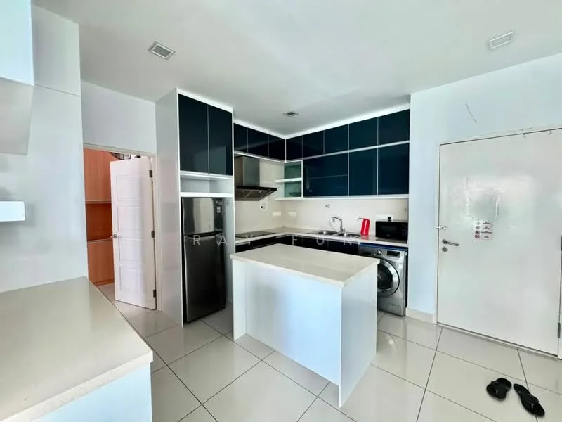 Kitchen features: white quartz countertop, kitchen island with storage, dark blue cabinetry, stainless-steel fridge, built-in oven, 4-burner gas hob, stainless-steel range hood, washing machine, ceramic tile flooring, recessed downlights, white painted walls, sliding door, open layout; style: modern.