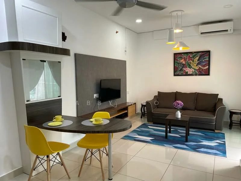 Living features: 3-seater fabric sofa in brown, coffee table, wall-mounted TV, area rug with geometric pattern, ceiling fan with integrated LED light, recessed downlights, decorative artwork on wall, white painted walls, tile flooring; style: modern. Dining features: round dining table, 2 yellow dining chairs, wall-mounted shelf, white painted walls, tile flooring; style: modern.