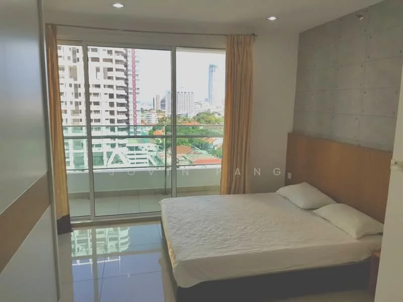 Bedroom features: queen-size bed, upholstered headboard, floor-to-ceiling windows, sliding glass door, curtains, grey accent wall, white painted walls, glossy tile flooring, built-in wardrobe, decorative wall paneling; style: modern; view: city.