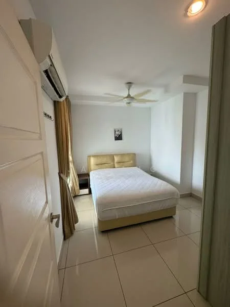 Bedroom features: queen-size bed, upholstered headboard, nightstand, floor-to-ceiling window, curtains, 5-blade ceiling fan, wall-mounted air conditioning unit, tile flooring, white painted walls, decorative artwork on wall, light fixture in ceiling; style: modern.