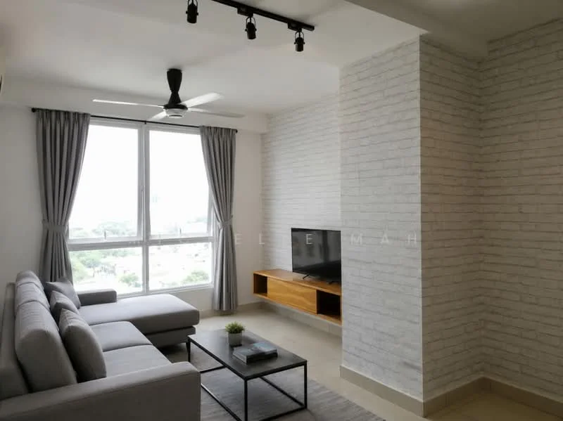 Living features: 3-seater fabric sofa in grey, coffee table, TV console, wall-mounted TV, floor-to-ceiling windows, grey curtains, white painted walls with brick pattern, recessed downlights, ceiling fan with light, area rug, decorative plant; style: modern; view: city.