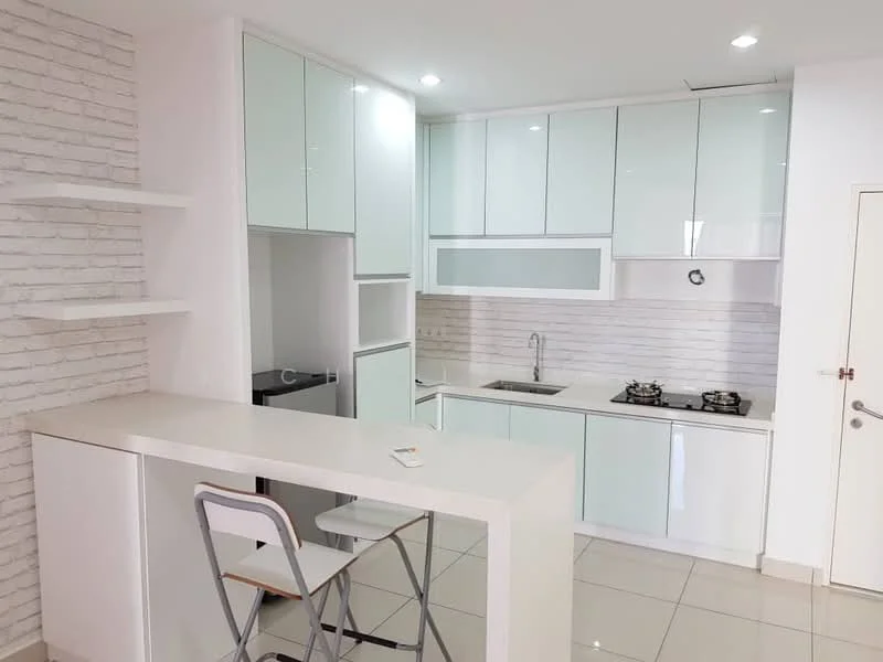 Kitchen features: white painted walls, light grey brick accent wall, glossy white cabinetry, white countertop, built-in gas hob, stainless-steel sink, single-bowl stainless-steel sink, recessed downlights, open shelving, tile flooring, bar seating area with stool; style: modern.