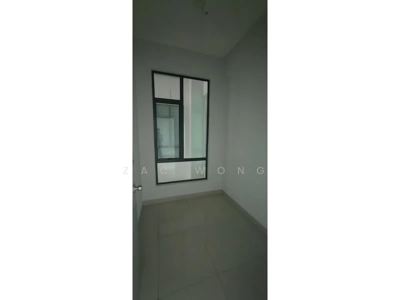 Room features: white painted walls, grey tile flooring, large window with black frame, ceiling light fixture; style: modern.