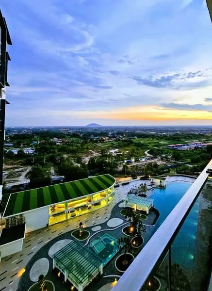 Exterior type: high-rise condominium; features: infinity pool, pool deck with loungers, landscape garden, manicured lawn, outdoor dining pavilion, children's playground, surrounded by greenery, city skyline view, sunset view, modern architectural design; style: modern.