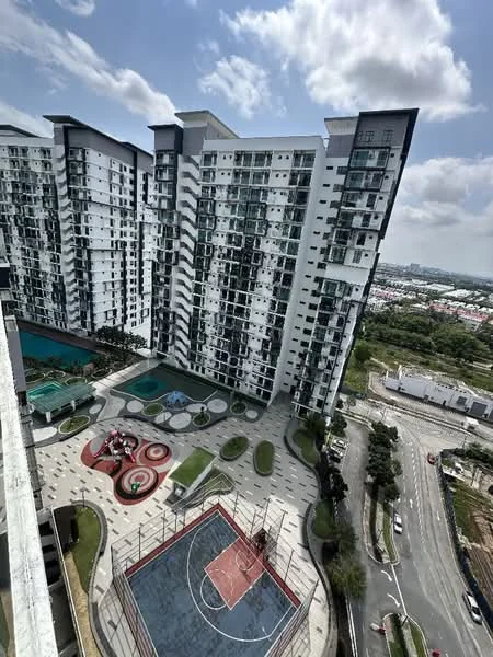 Exterior type: high-rise condominium; features: glass curtain wall, recessed balconies, swimming pool, children's playground, basketball court, manicured lawn, landscaped gardens, multi-storey building, surrounded by greenery, parking area, urban context; style: modern.