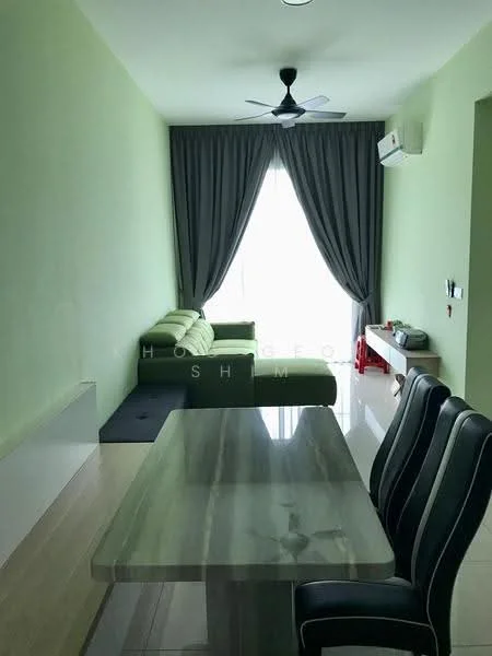 Living features: green fabric sofa, ceiling fan, floor-to-ceiling window, grey curtains, light green painted walls, white ceiling, dining table with marble top, black dining chairs, air conditioning unit; style: modern.