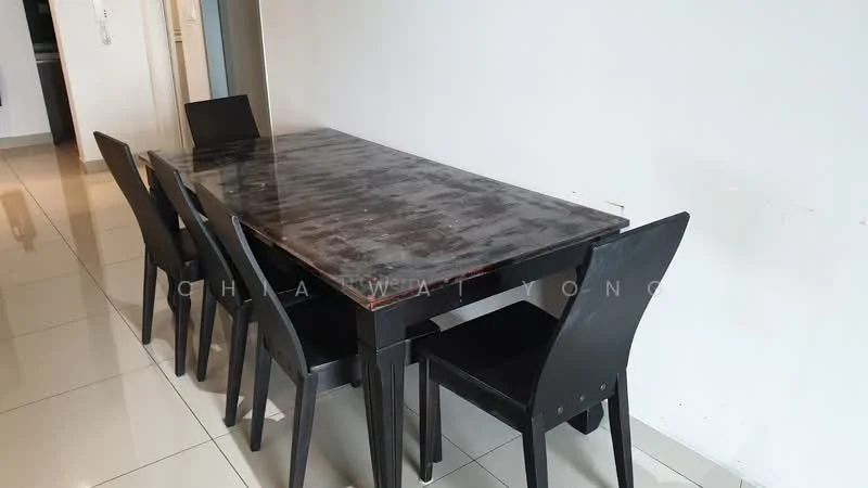 Dining features: rectangular dining table with dark surface, 6 black dining chairs, glossy tile flooring, white painted walls, natural light from nearby window; style: modern.