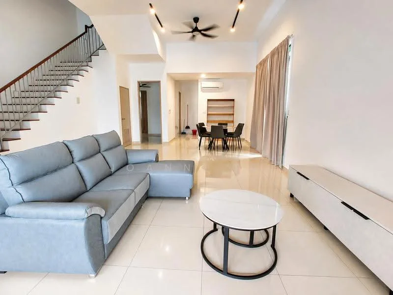 Living features: 3-seater fabric sofa in grey, round coffee table with black metal base, wall-mounted TV console in white, ceiling fan with light, large windows with sheer curtains, marble tile flooring, neutral painted walls, dining area with wooden dining table and chairs; style: modern.