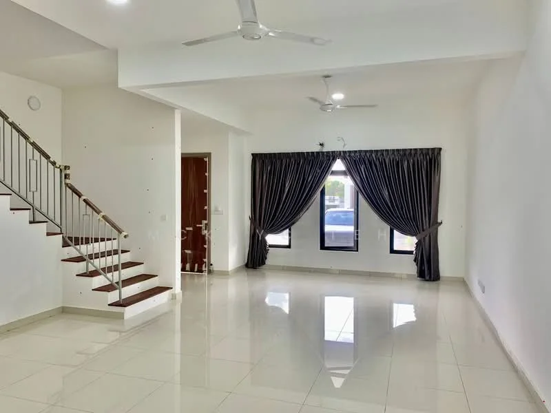 Living features: white painted walls, glossy ceramic tile flooring, 5-blade ceiling fan with light, large windows with sheer curtains, double-door main entrance, staircase with wooden steps and metal railing, recessed ceiling lights, neutral color scheme; style: modern; view: garden.