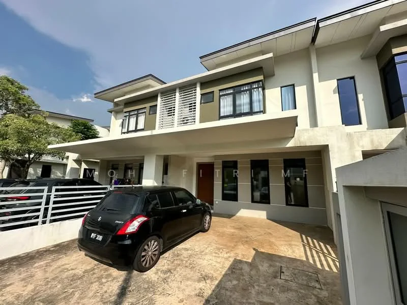 Exterior type: linked terrace house; features: white painted facade, grey accent wall, flat roof, 2-storey building, manicured lawn, paved driveway, front porch, large windows, balcony, security gate, landscaped garden; style: modern.