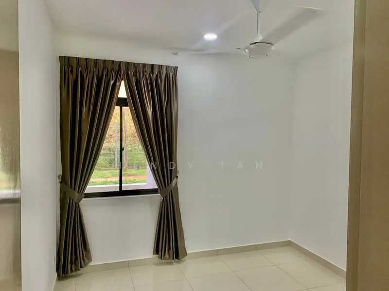 Room features: white painted walls, cream tiled flooring, floor-to-ceiling window, brown curtains, ceiling fan with light, natural light from window; style: modern; view: garden.
