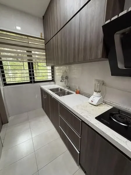 Kitchen features: dark wood cabinetry, white marble countertop, double-bowl stainless-steel sink, chrome pull-down faucet, built-in gas hob, blender, white tiled backsplash, large window with horizontal blinds, ceramic tile flooring, recessed downlights; style: modern; view: garden.