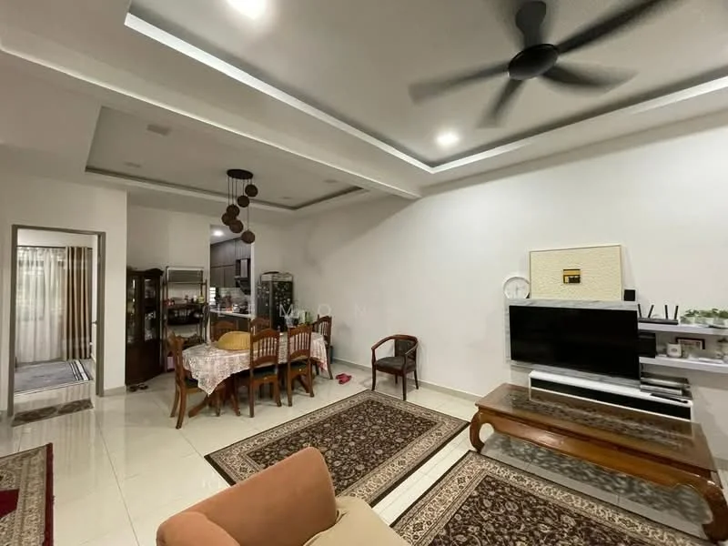 Living features: 5-blade ceiling fan with light, recessed ceiling with LED lights, wall-mounted TV, wooden coffee table, area rug with geometric pattern, sofa chairs, decorative wall shelf, tile flooring, white painted walls; style: modern. Dining features: 6-seater dining table with checkered tablecloth, wooden dining chairs, sideboard cabinet, tile flooring, white painted walls; style: modern.