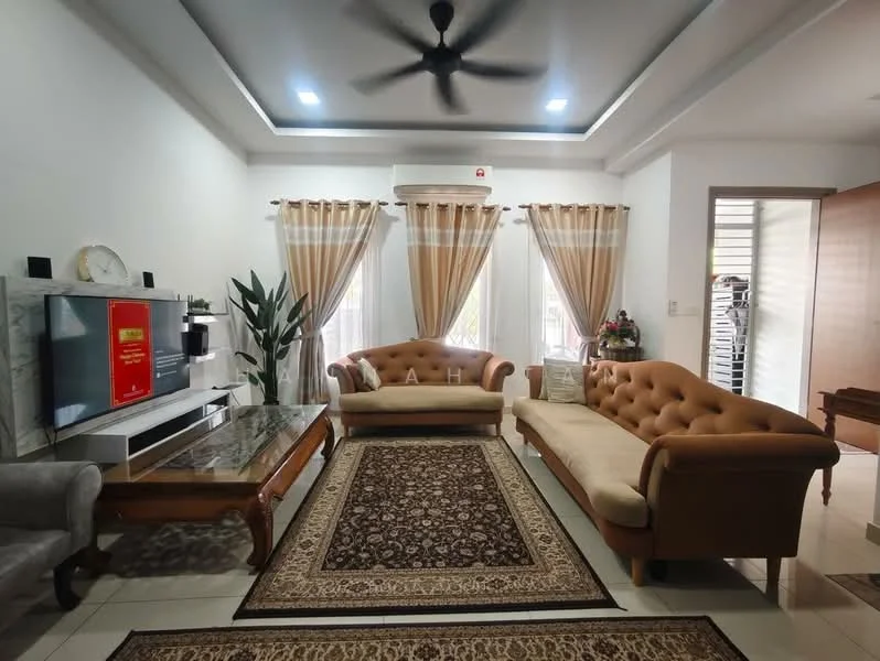 Living features: 2-seater tufted beige sofa, 3-seater tufted beige sofa, coffee table with glass top, area rug with intricate pattern, wall-mounted TV, marble feature wall, 5-blade ceiling fan, recessed ceiling lights, curtains with beige and brown tones, indoor plant, decorative wall art, tile flooring; style: modern.