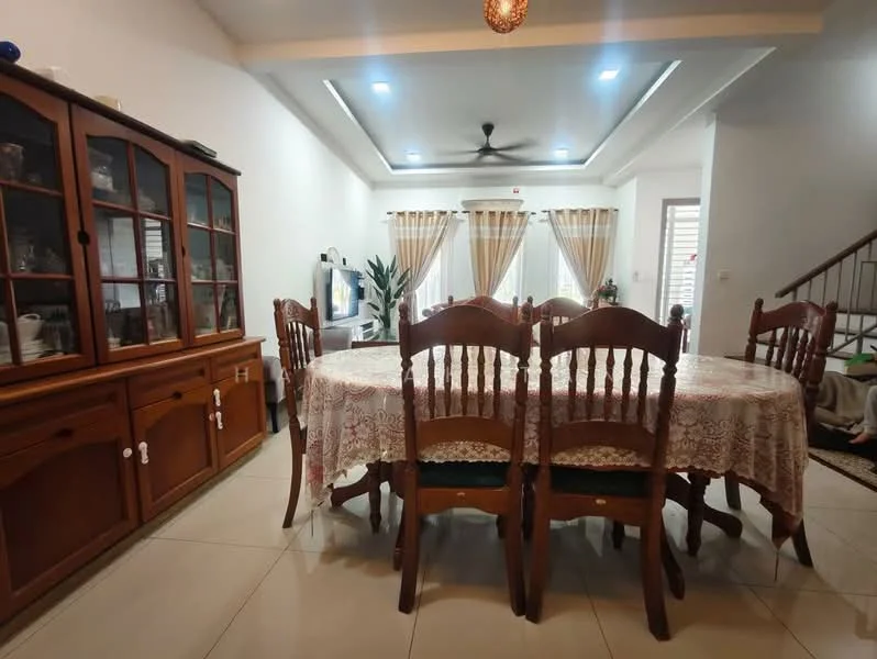 Dining features: wooden dining table with lace tablecloth, 6 wooden dining chairs, brown wooden sideboard cabinet, white painted walls, glossy tile flooring, recessed ceiling lights, ceiling fan, curtains with sheer and patterned design, television unit, indoor plant; style: traditional.