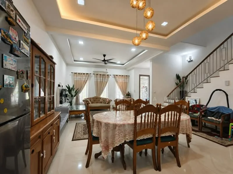 Dining features: 6-seater dining table, wooden dining chairs, lace tablecloth, pendant lighting with multiple bulbs, cream painted walls, marble tile flooring, ceiling with recessed lighting, decorative wall art, large windows with sheer curtains, indoor plants, open layout to living area, staircase visible in background; style: modern. Living features: sofa with cushions, coffee table, area rug, floor-to-ceiling windows, ceiling fan, decorative plants, wall-mounted TV, open layout to dining area; style: modern.