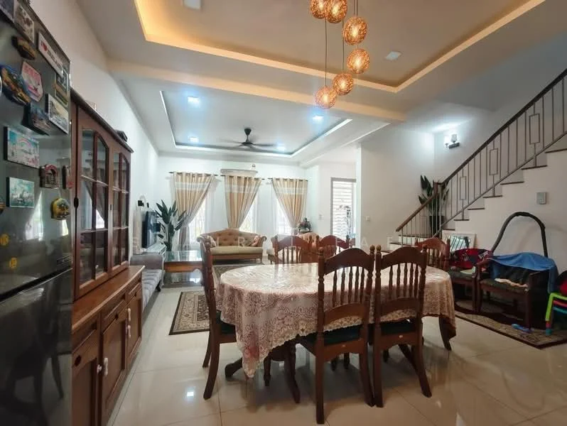 Dining features: round dining table with lace tablecloth, 8 wooden dining chairs, cream painted walls, recessed ceiling lights, ceiling fan with light, tile flooring, decorative wall clock, framed artwork, large windows with sheer curtains, open layout to living area; style: modern. Living features: sofa with floral upholstery, coffee table, area rug, large windows with sheer curtains, decorative plants, wall-mounted TV, open layout to dining area; style: modern.