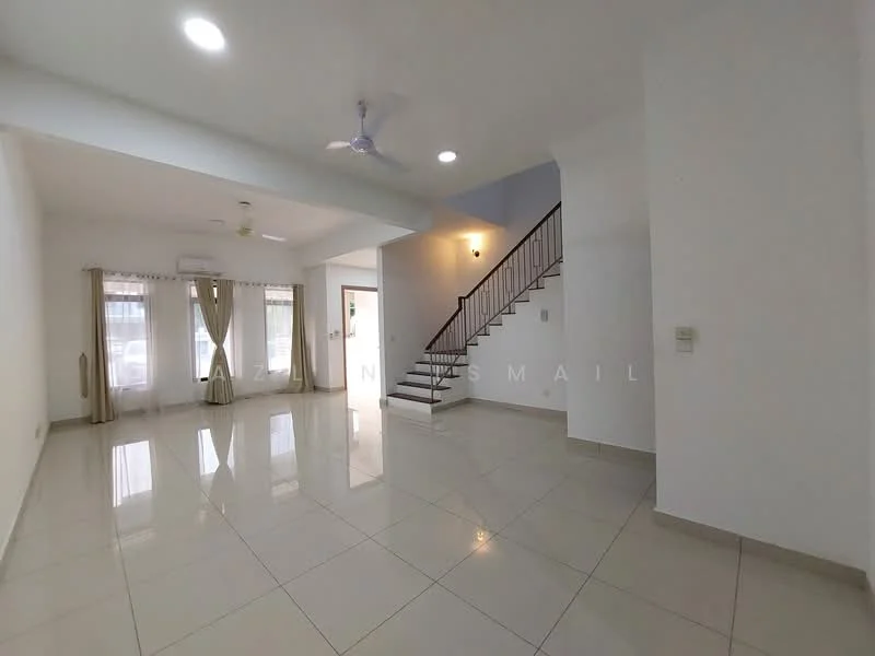 Living features: white painted walls, glossy ceramic tile flooring, 5-blade ceiling fan with light, recessed downlights, large windows with sheer curtains, staircase with wooden railing, air conditioning unit, neutral color scheme; style: modern.