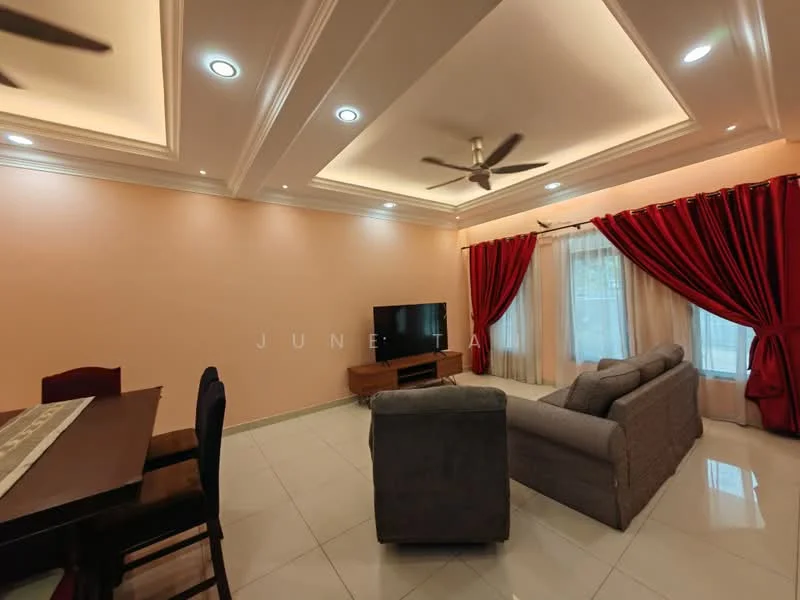 Living features: cream painted walls, tray ceiling with recessed lighting, 5-blade ceiling fan, large windows with sheer curtains, red velvet curtains, grey fabric sofa, 2-seater sofa, wooden TV console, wall-mounted TV, dining table with 4 chairs, glossy tile flooring; style: modern.
