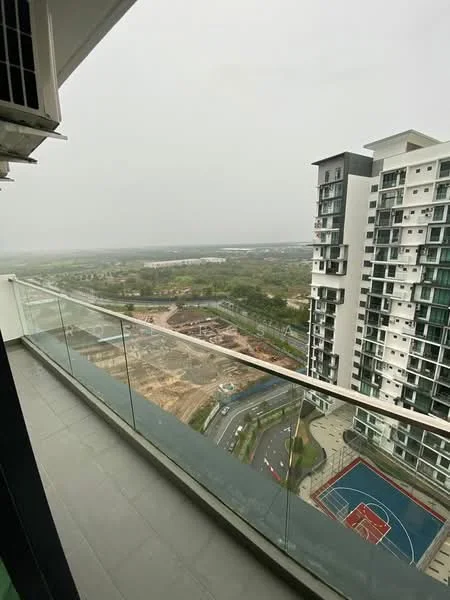 Room features: glass balcony railing, grey tiled flooring, view of construction site, view of surrounding landscape, high-rise building in view, basketball court visible below; style: modern; view: landscape.