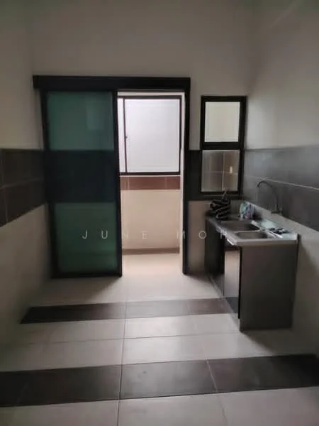 Laundry features: grey cabinetry, single-bowl stainless-steel sink, chrome pull-down faucet, tile flooring, white walls, sliding glass door, window with grid, countertop space, dark accent wall tiles; style: modern.