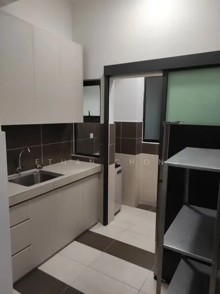 Kitchen features: single-bowl stainless-steel sink, chrome pull-down faucet, laminate countertop, white cabinetry, built-in cabinets, tile backsplash, ceramic tile flooring, refrigerator, window, open shelving, neutral wall colour, light fixture; style: modern.