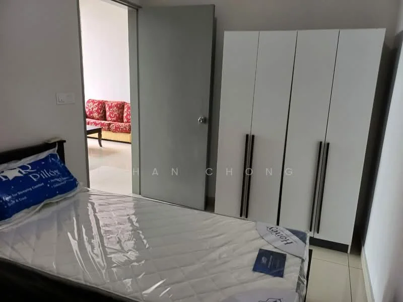 Bedroom features: queen-size bed, white bed frame, mattress with protective cover, built-in wardrobe with sliding doors, white cabinetry, neutral wall color, tile flooring, window with natural light; style: modern. Room features: sofa with floral pattern, red and white upholstery, neutral wall color, tile flooring.