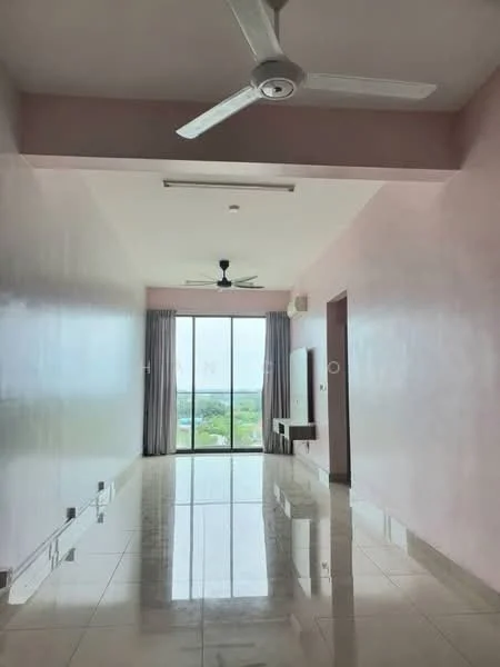Room features: pink painted walls, glossy marble tile flooring, 5-blade ceiling fan with light, floor-to-ceiling windows, curtains, air conditioning unit, light fixture in ceiling, view of greenery; style: modern; view: garden.