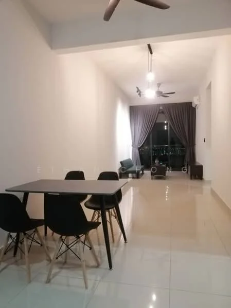 Dining features: 6-seater dining table, black dining chairs with wooden legs, white painted walls, glossy tile flooring, ceiling fan, recessed downlights, curtains, floor-to-ceiling windows; style: modern; view: city. Living features: sofa, coffee table, TV console, wall-mounted TV, area rug; style: modern; view: city.